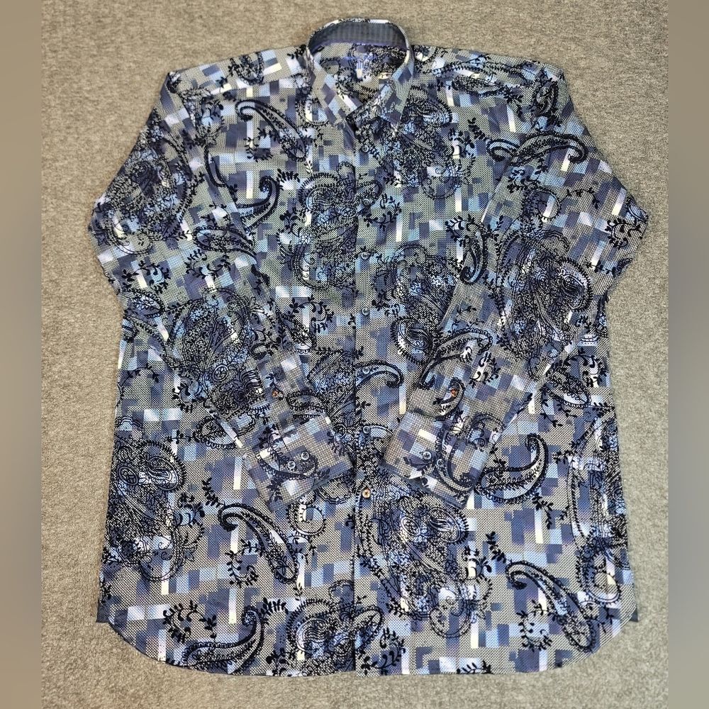 Visconti Black 1XL Blue Paisley Flocked Velvet Shirt Designer Button Down Cotton